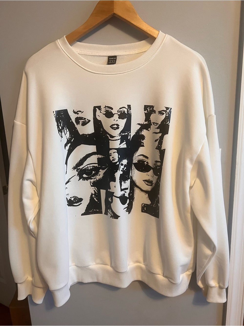 SHEIN White Crewneck Sweatshirt with Black Graphic Faces
